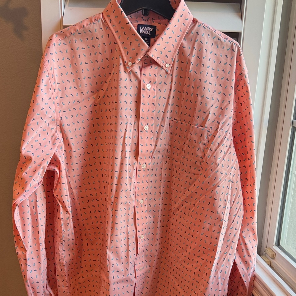 Lands' End Men's Coral Patterned Button Down Shirt